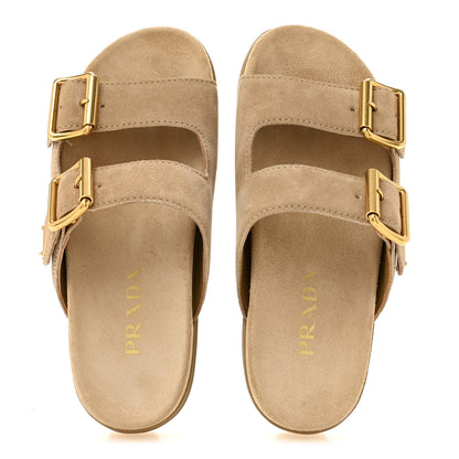 Suede Metal Triangle Logo Womens Double Buckle 20mm Slide Sandals 36.5 Ecru