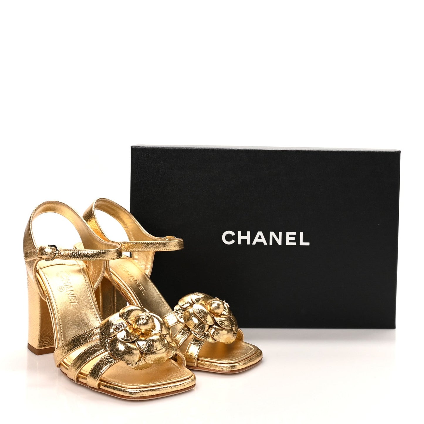 Crackled Laminated Calfskin Camellia Sandals 39.5 Gold