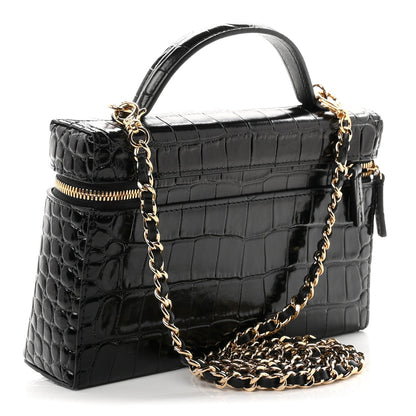 Calfskin Crocodile Embossed Crococo Top Handle Slim Vanity Case With Chain Black