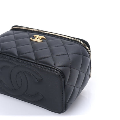 Lambskin Quilted Metal Twist Small Top Handle Vanity Case With Chain  Black