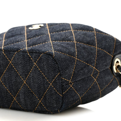Denim Quilted Hobo Clutch With Chain Dark Blue Orange