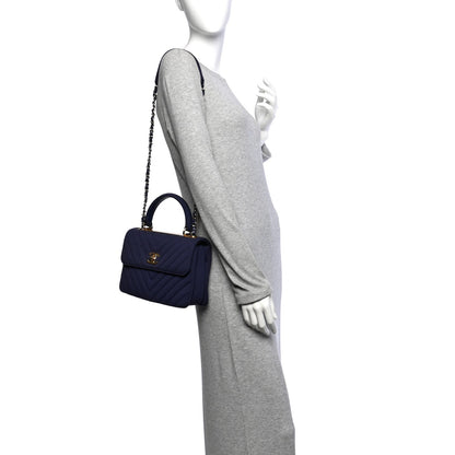 Jersey Chevron Quilted Small Trendy CC Dual Handle Flap Bag Navy Blue