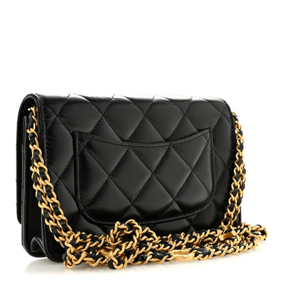 Lambskin Quilted Logo WOC Wallet On Chain Black