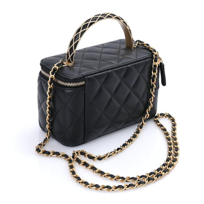 Lambskin Quilted Metal Twist Small Top Handle Vanity Case With Chain  Black