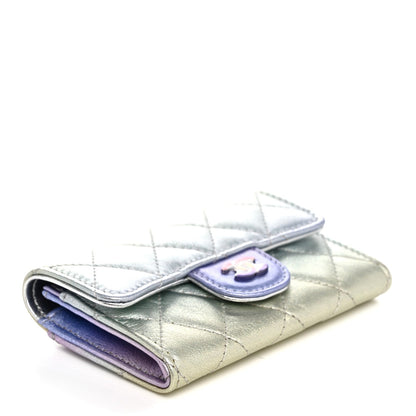 Gradient Metallic Calfskin Quilted Flap Card Holder Wallet Silver Blue Yellow Purple