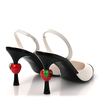 Lambskin Patent Calfskin Cap Toe CC Apple Slingback Pumps 40 White Black