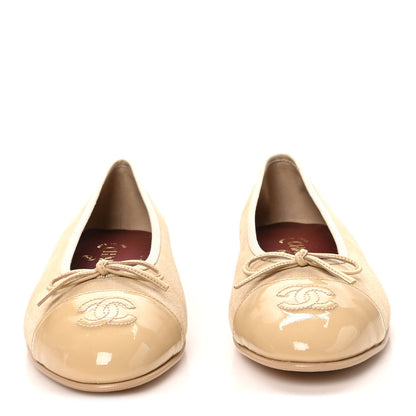 Suede Patent Calfskin Cap Toe CC Ballerina Flats 39.5 Beige
