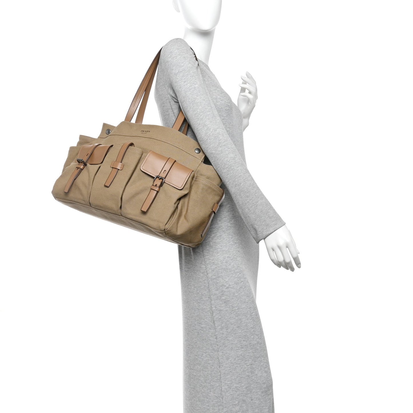 Canvas Calfskin Large Route Shoulder Bag Khaki