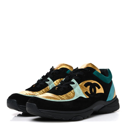 Fabric Calfskin Suede CC Womens Sneakers 39 Black Turquoise Gold 39 Black Turquoise Gold