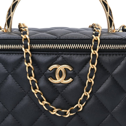 Lambskin Quilted Metal Twist Small Top Handle Vanity Case With Chain  Black