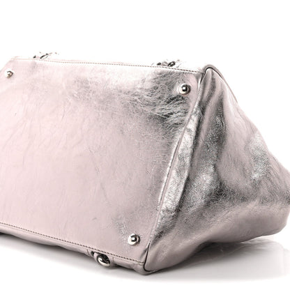 Metallic Cracked Calfskin Modern Chain Tote Dark Silver