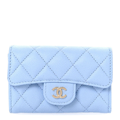 Caviar Quilted Flap Card Holder Wallet Light Blue