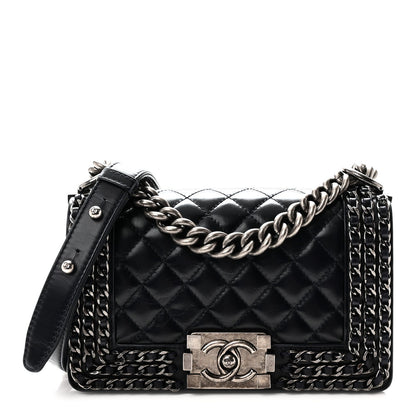 Glazed Calfskin Quilted Small Boy Chained Flap Navy