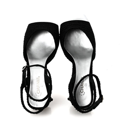 Tweed Iridescent Calfskin Cap Toe CC Slingback Pumps 37 Black Silver