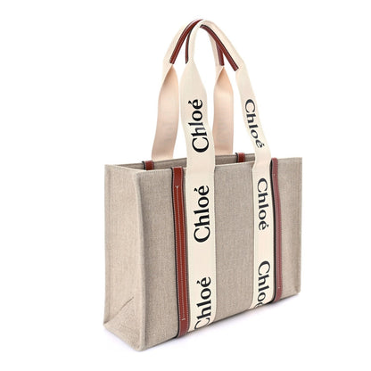Linen Calfskin Medium Woody Ribbon Tote  White Brown