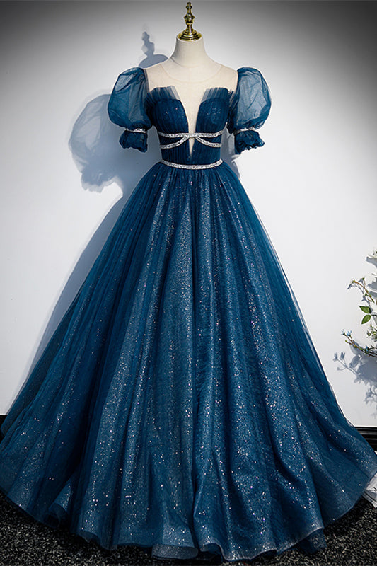 Glitter Tulle A-Line Short Sleeves Beaded Empire Formal Prom Gown