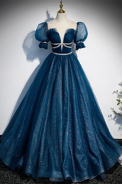 Glitter Tulle A-Line Short Sleeves Beaded Empire Formal Prom Gown