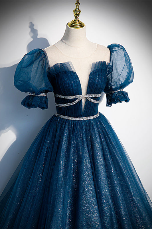 Glitter Tulle A-Line Short Sleeves Beaded Empire Formal Prom Gown