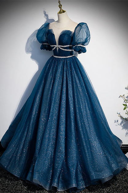 Glitter Tulle A-Line Short Sleeves Beaded Empire Formal Prom Gown