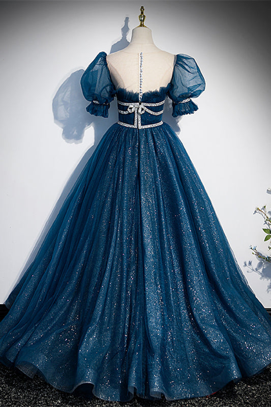 Glitter Tulle A-Line Short Sleeves Beaded Empire Formal Prom Gown