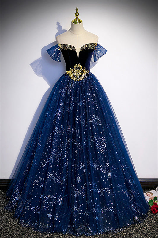 Sparkly Tulle A-Line Off-Shoulder Formal Prom Gown
