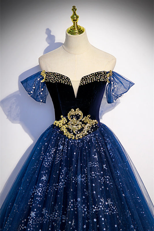 Sparkly Tulle A-Line Off-Shoulder Formal Prom Gown