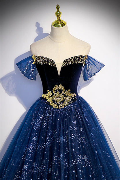 Sparkly Tulle A-Line Off-Shoulder Formal Prom Gown