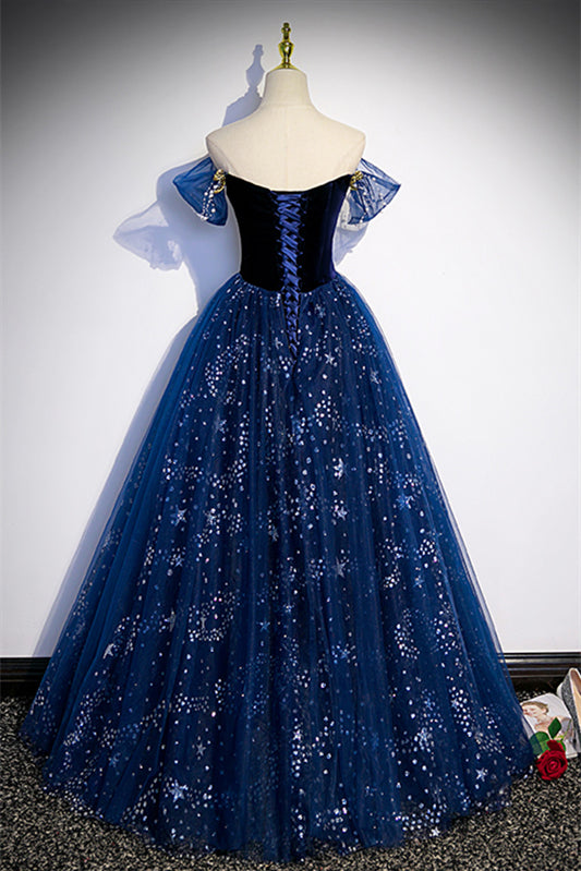 Sparkly Tulle A-Line Off-Shoulder Formal Prom Gown