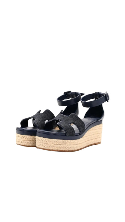 ELDA ESPADRILLE IN MIDNIGHT BLUE FABRIC AND BLACK CALFSKIN
