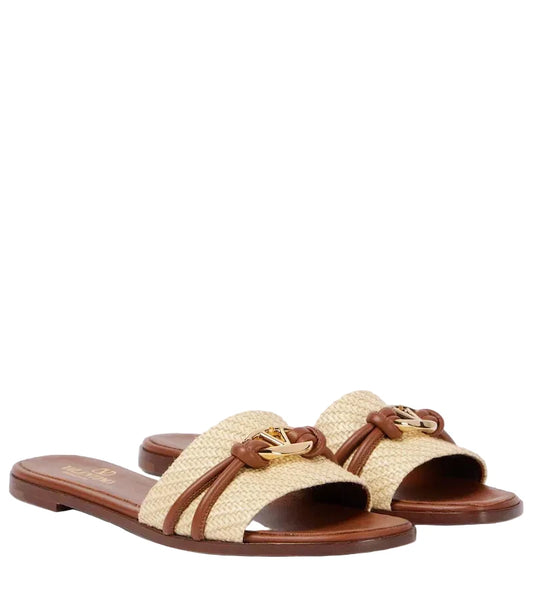 GARAVANI V LOGO SIGNATURE SLIDE IN BEIGE RAFFIA AND BROWN CALFSKIN
