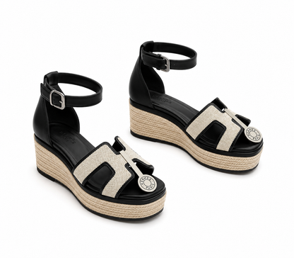ELDA ESPADRILLE IN WHITE FABRIC AND BLACK CALFSKIN