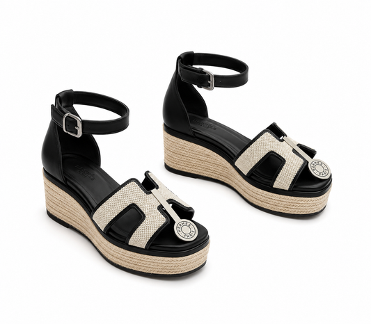 ELDA ESPADRILLE IN WHITE FABRIC AND BLACK CALFSKIN