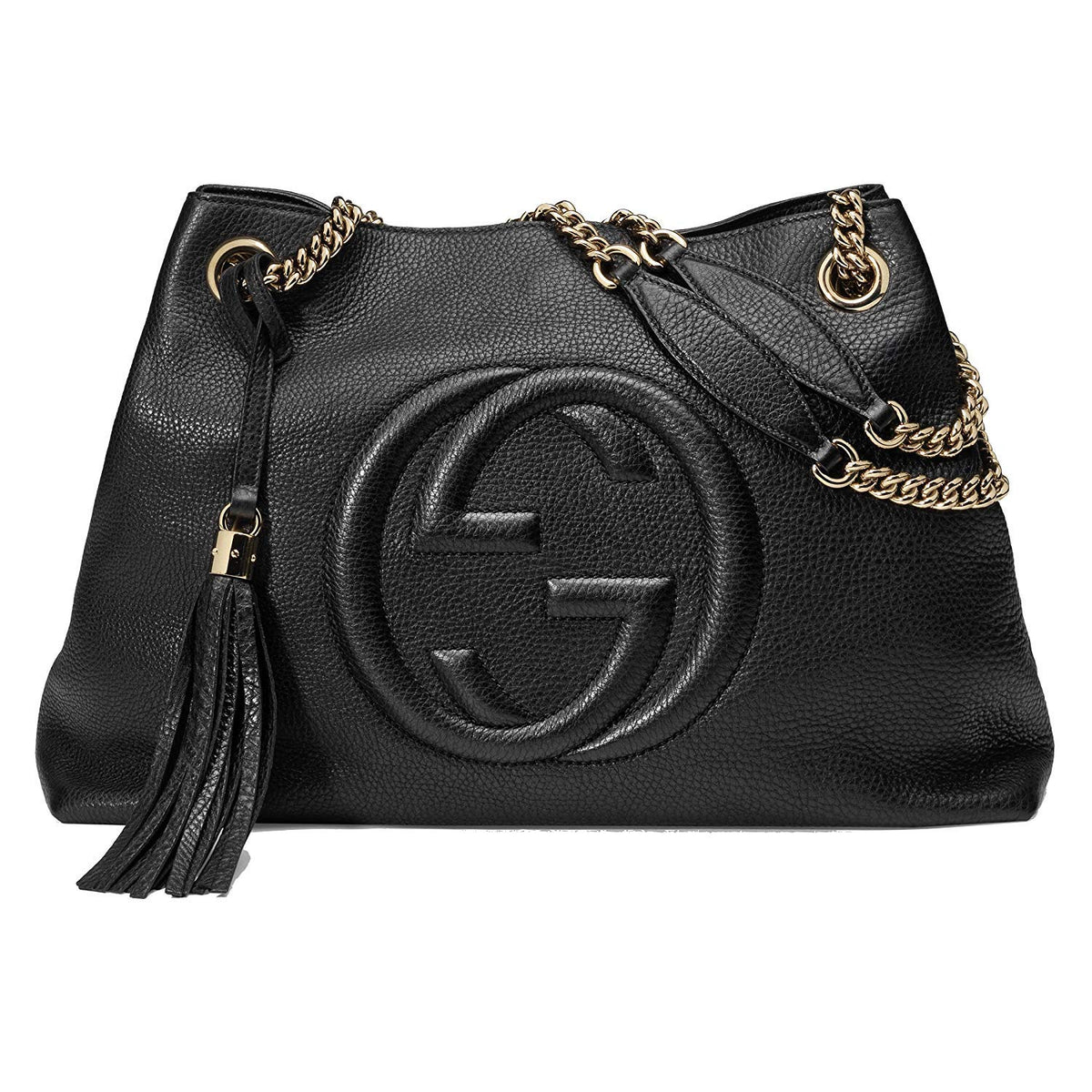 Logo Chain Handbag Black Leather Tote Bag