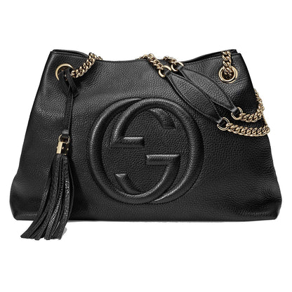 Logo Chain Handbag Black Leather Tote Bag
