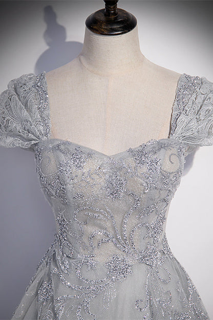 Sweetheart Cap Sleeves A-Line Beaded Appliques Prom Gown