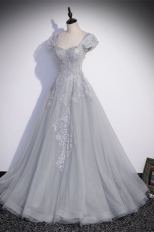Sweetheart Cap Sleeves A-Line Beaded Appliques Prom Gown