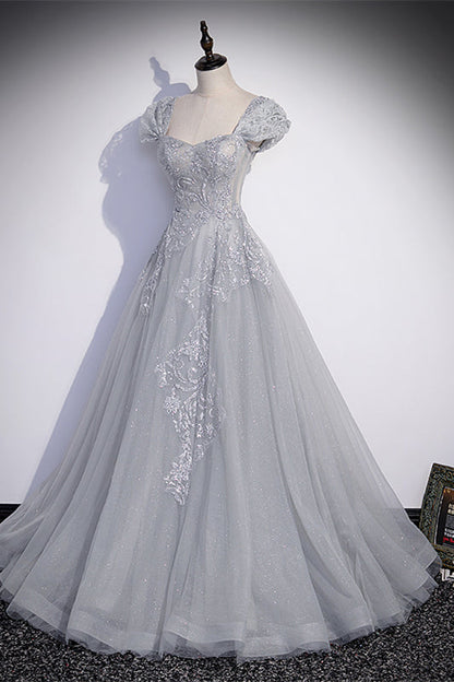Sweetheart Cap Sleeves A-Line Beaded Appliques Prom Gown