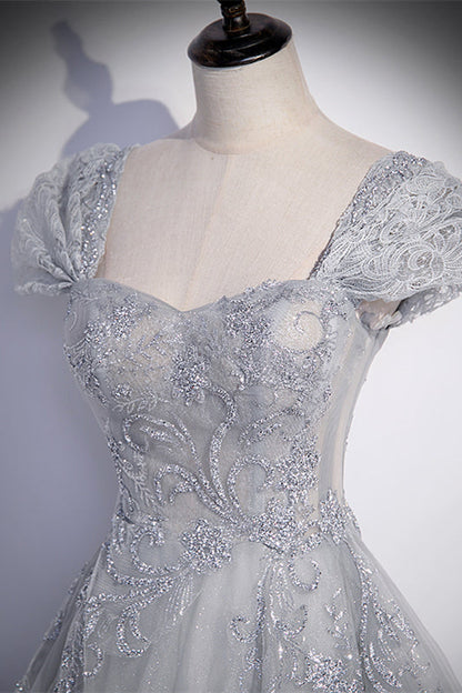 Sweetheart Cap Sleeves A-Line Beaded Appliques Prom Gown