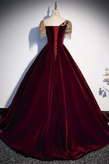 Velvet High Neck Short Sleeves A-Line Appliques Formal Prom Gown