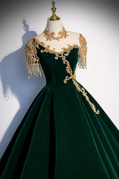 Velvet High Neck Short Sleeves A-Line Appliques Formal Prom Gown