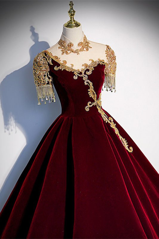Velvet High Neck Short Sleeves A-Line Appliques Formal Prom Gown