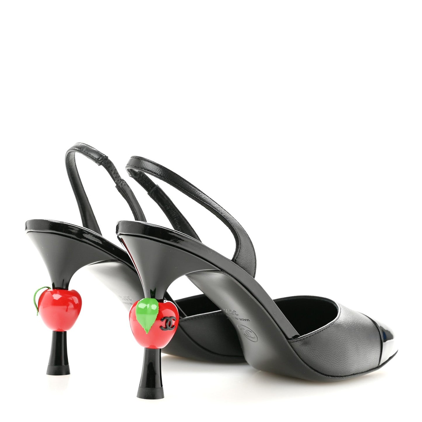 Lambskin Patent Calfskin Cap Toe CC Apple Slingback Pumps 38.5 Black