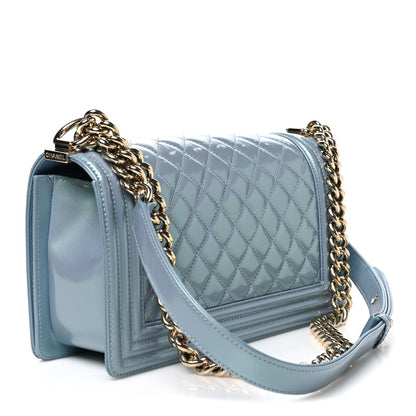 Iridescent Patent Calfskin Quilted Medium Boy Flap Light Blue