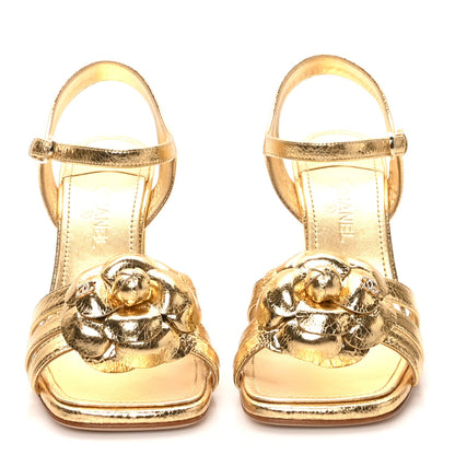 Crackled Laminated Calfskin Camellia Sandals 39.5 Gold