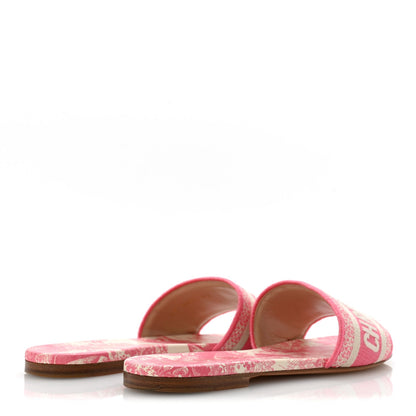 Canvas Toile de Jouy Embroidered Dway Flat Slide Sandals 37 Off White Pink