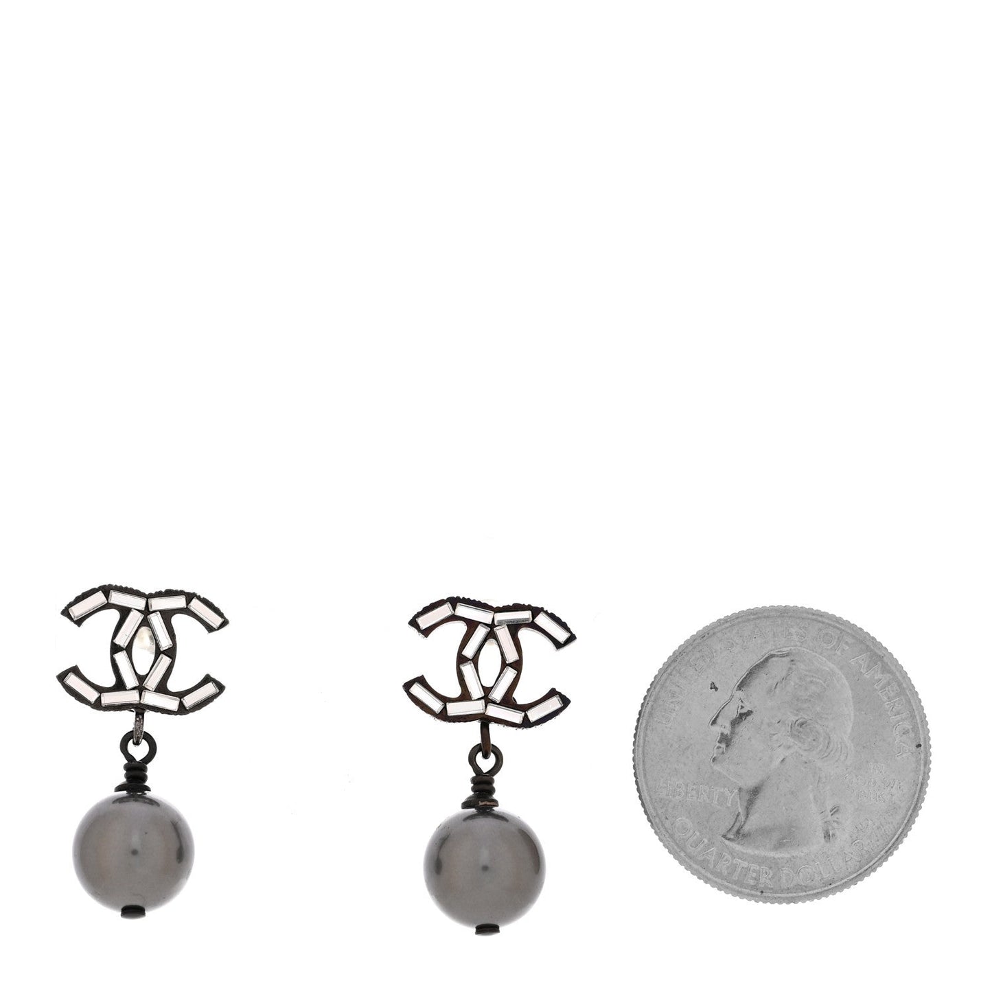 Ruthenium Pearl Crystal Baguette CC Drop Earrings Silver Grey