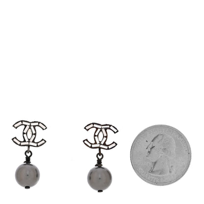 Ruthenium Pearl Crystal Baguette CC Drop Earrings Silver Grey