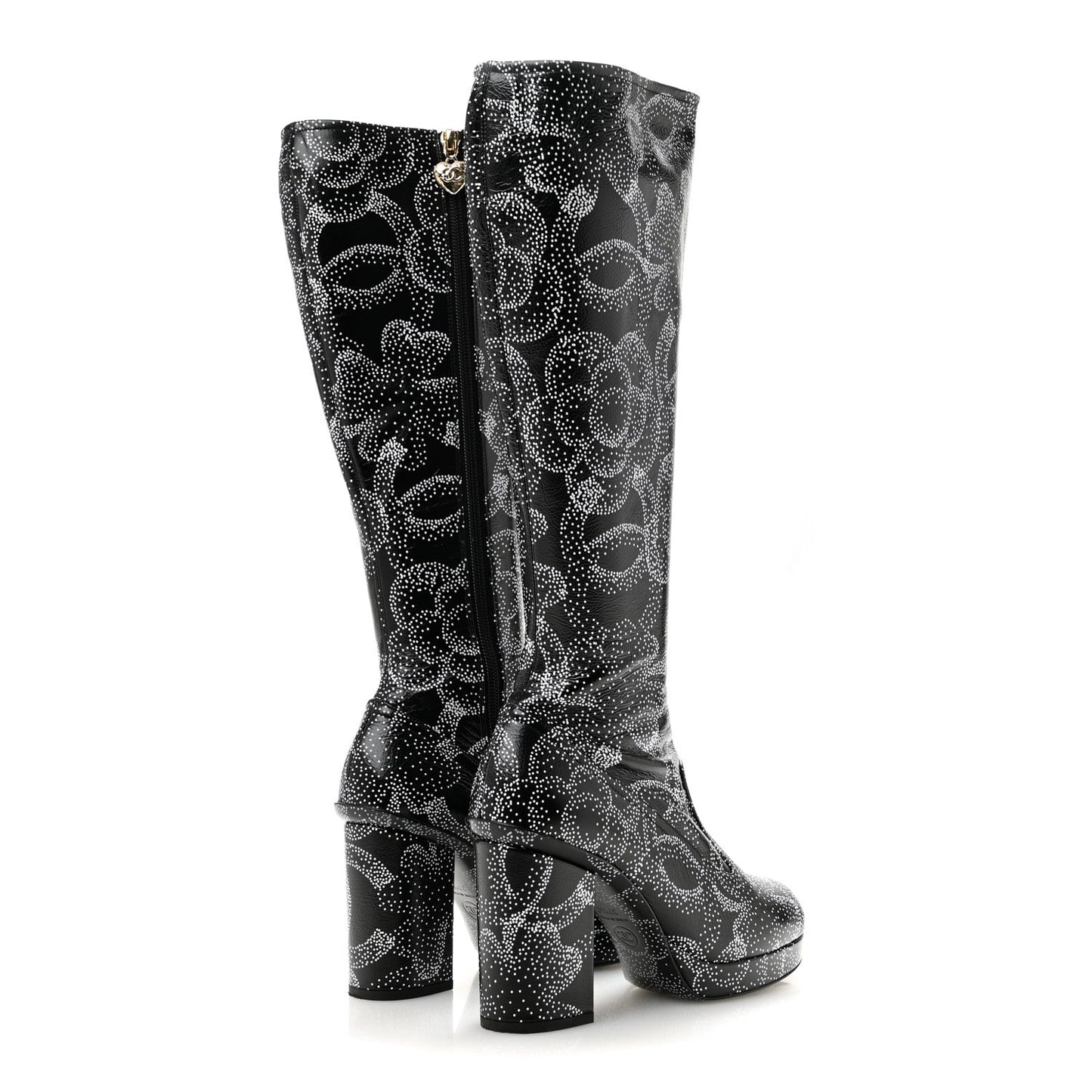 Calfskin Camellia Printed High Boots 37.5 Black White