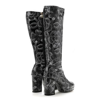 Calfskin Camellia Printed High Boots 37.5 Black White