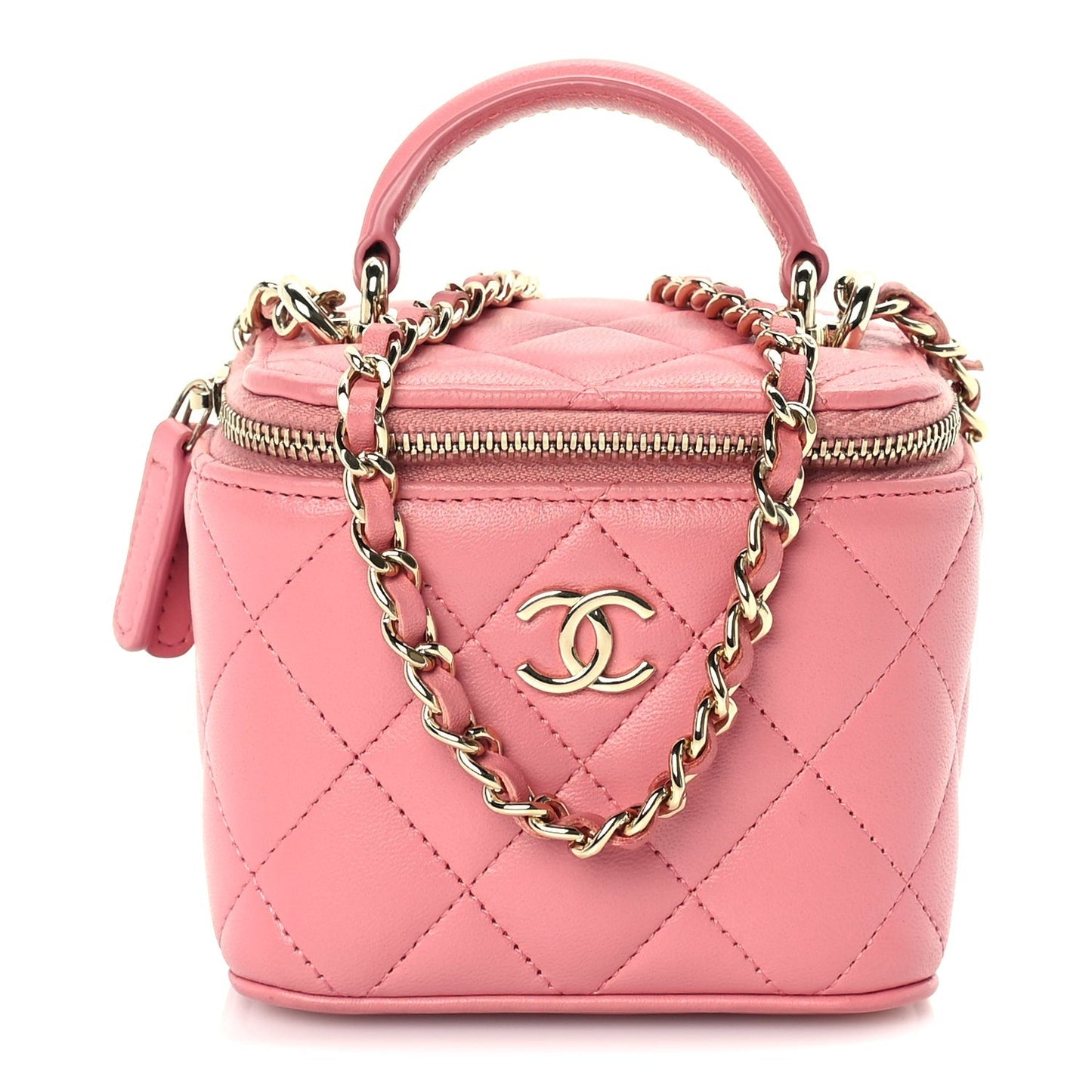 Lambskin Quilted Top Handle Mini Vanity Case With Chain Pink